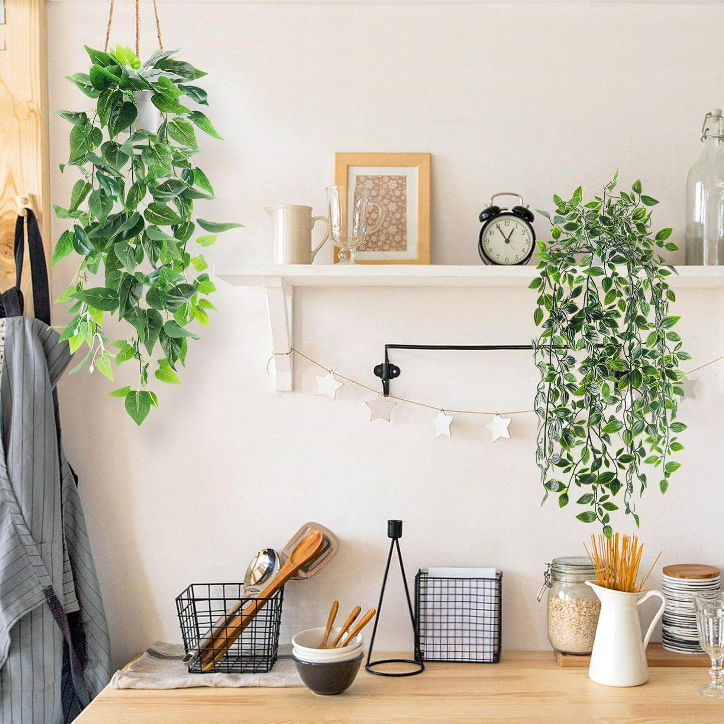 2Pcs Fake Hanging Plants Artificial in White Pots for Office Decor | Artificial hanging plants in two distinct styles add layered texture to bathroom shelf, bookshelf and balcony decor displays