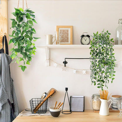 2Pcs Fake Hanging Plants Artificial in White Pots for Office Decor | Artificial hanging plants in two distinct styles add layered texture to bathroom shelf, bookshelf and balcony decor displays