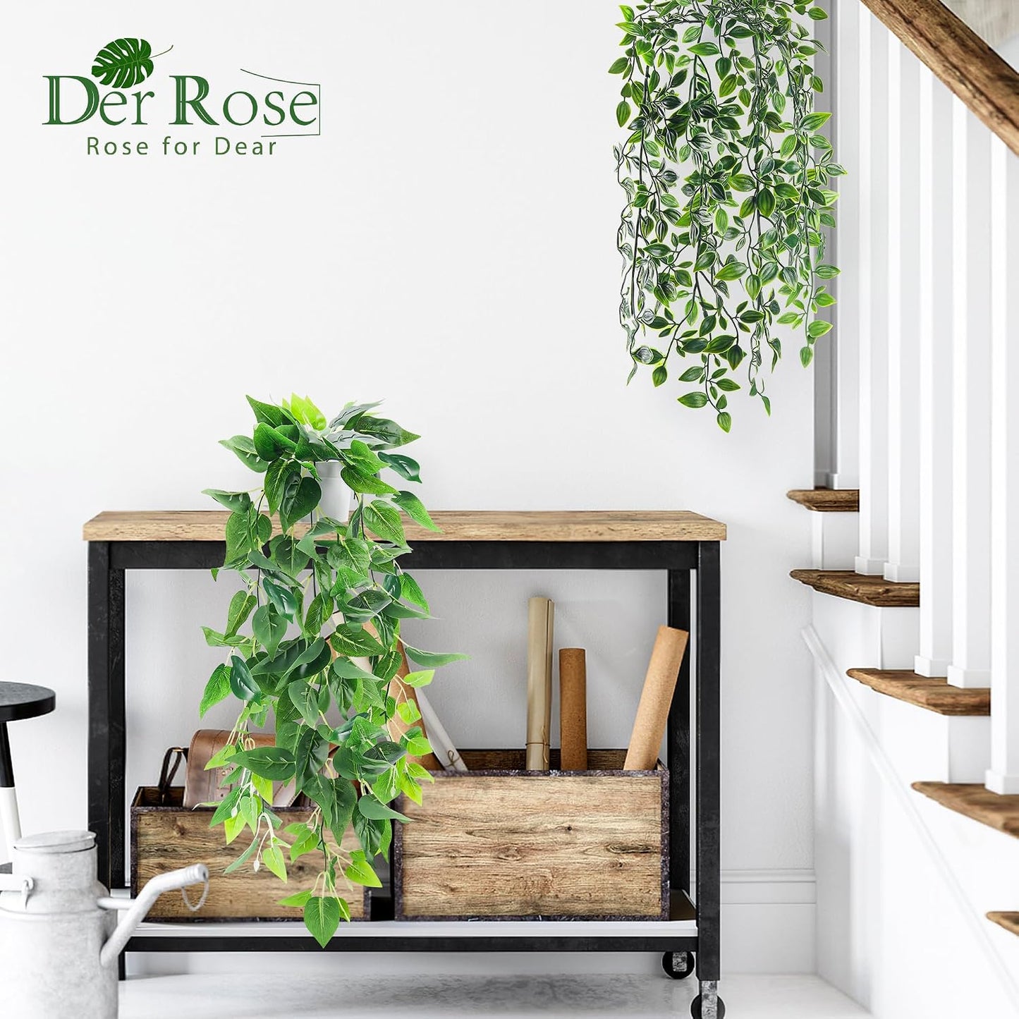 2Pcs Fake Hanging Plants Artificial in White Pots for Office Decor | Artificial hanging plants in two distinct styles add layered texture to bathroom shelf, bookshelf and balcony decor displays