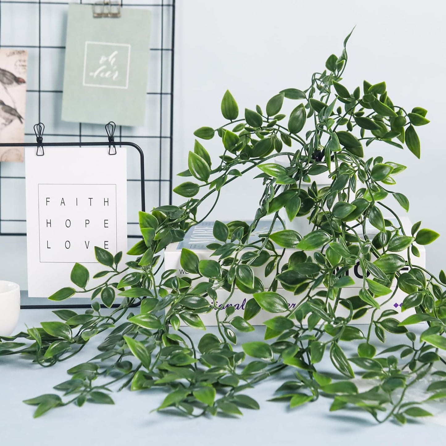 2Pcs Fake Hanging Plants Artificial in White Pots for Office Decor | Artificial hanging plants in two distinct styles add layered texture to bathroom shelf, bookshelf and balcony decor displays