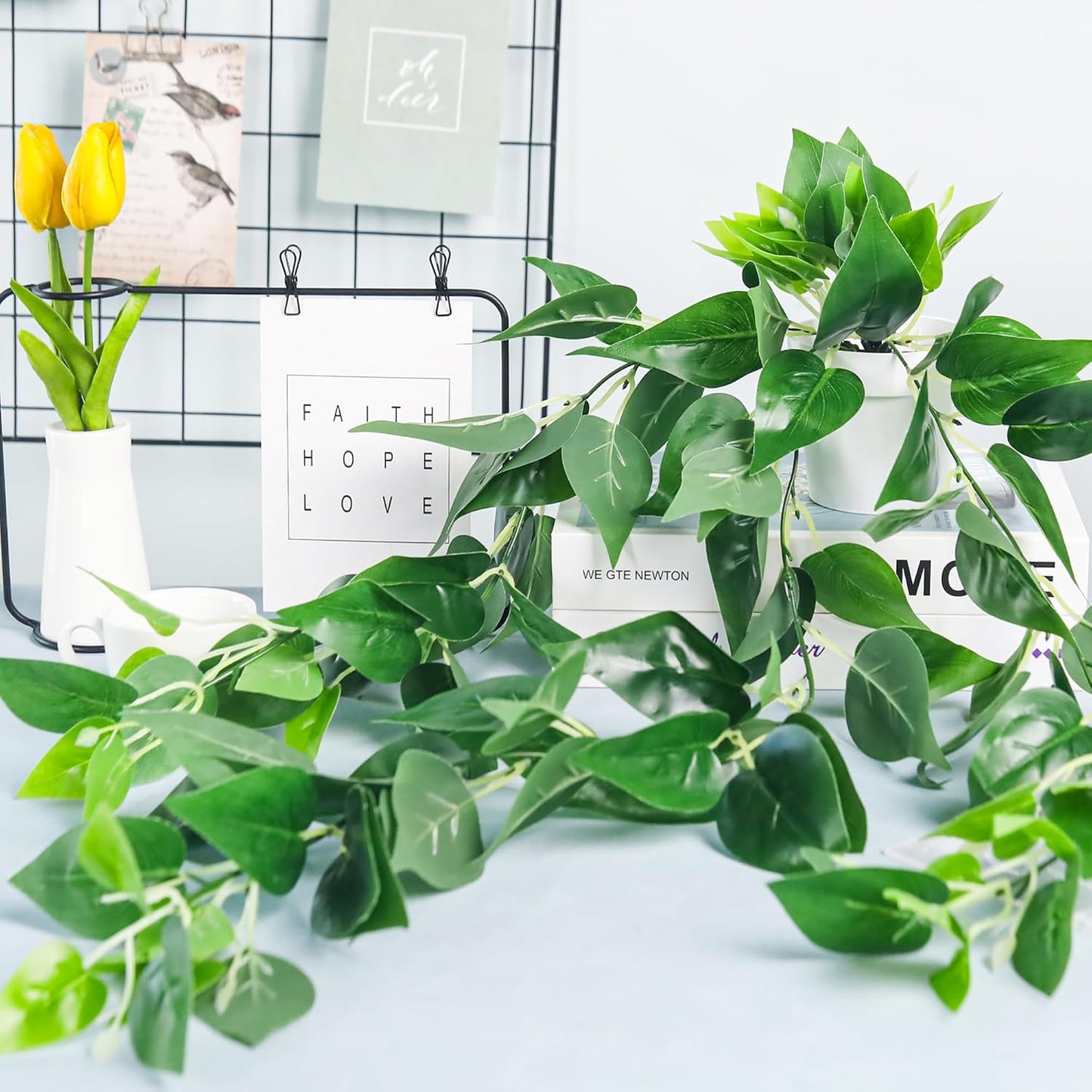 2Pcs Fake Hanging Plants Artificial in White Pots for Office Decor | Artificial hanging plants in two distinct styles add layered texture to bathroom shelf, bookshelf and balcony decor displays