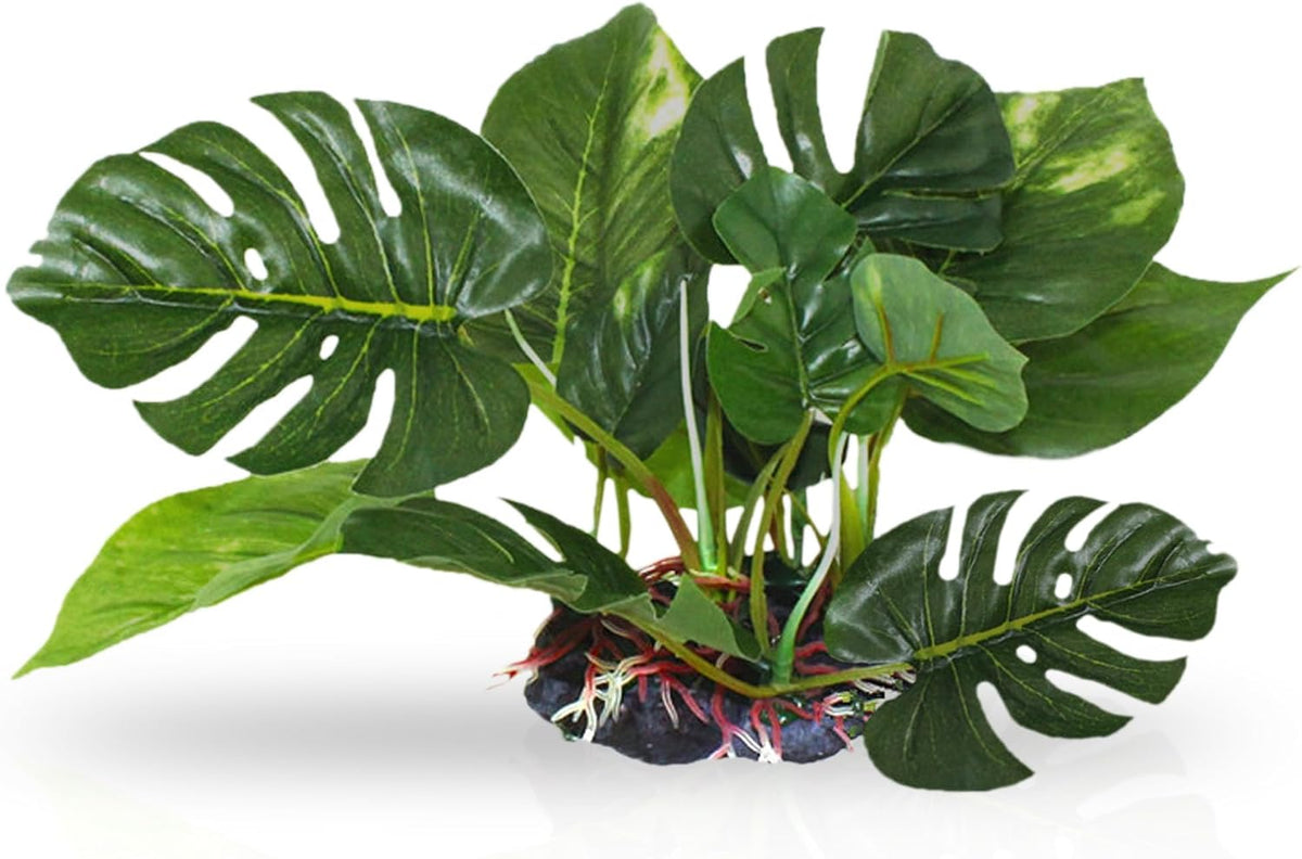 Plastic Leaf Plant, Heavy-Duty Ceramic Base, Hiding Spot for Fish, Betta, Angelfish, Gold Fish, Frog, Python, Reptiles, Amphibians (10 Inches, 1 Count)