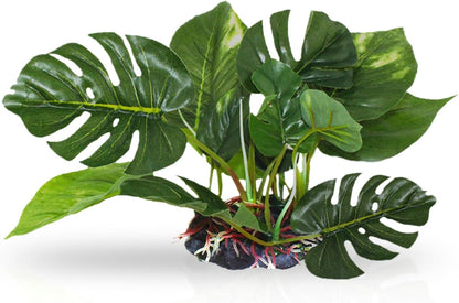 Plastic Leaf Plant, Heavy-Duty Ceramic Base, Hiding Spot for Fish, Betta, Angelfish, Gold Fish, Frog, Python, Reptiles, Amphibians (10 Inches, 1 Count)
