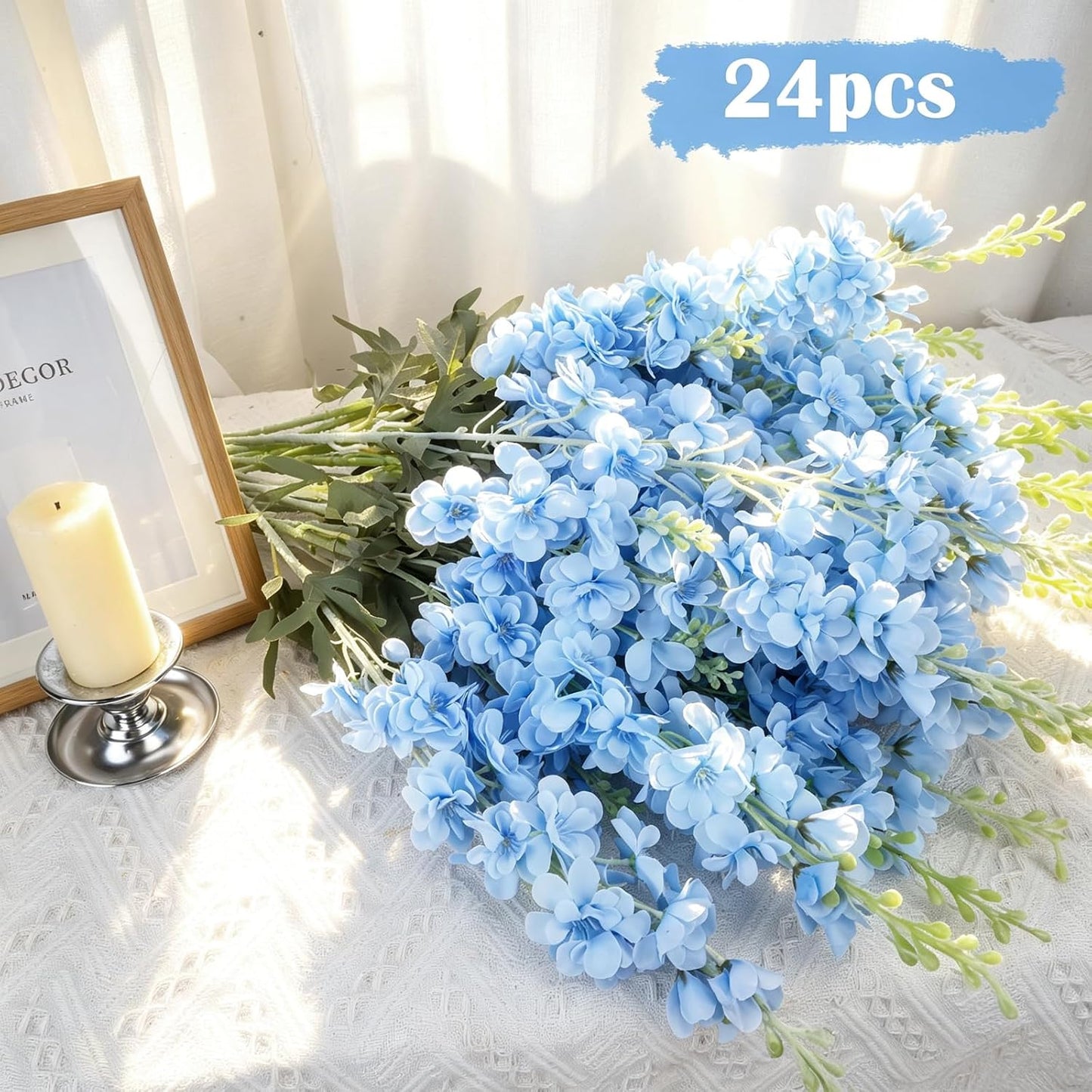 24Pcs White Delphinium Artificial Flowers Bulk 33.5" Long Stem Silk Delphinium for Tall Vase Look Real Wedding Event Larkspur Flowers for Table Centerpieces Home Garden Outdoor Decor