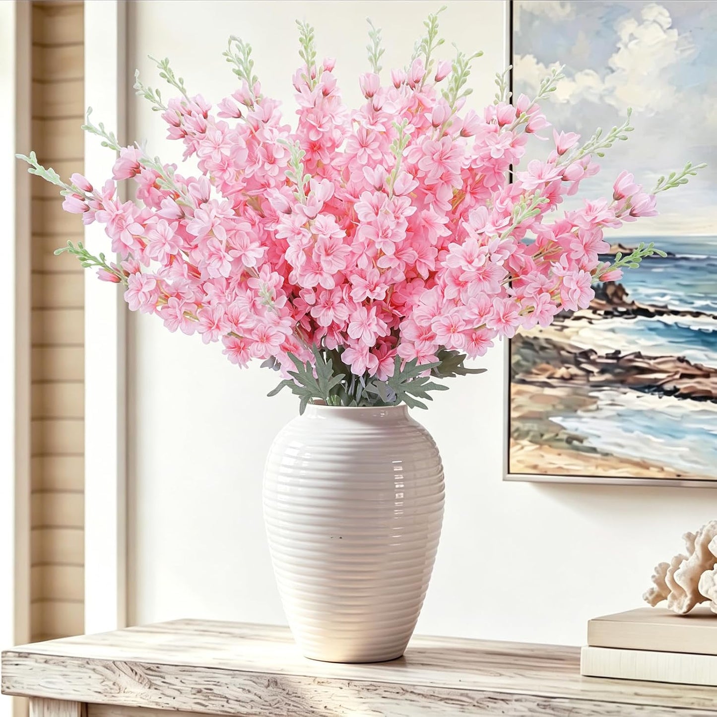 24Pcs White Delphinium Artificial Flowers Bulk 33.5" Long Stem Silk Delphinium for Tall Vase Look Real Wedding Event Larkspur Flowers for Table Centerpieces Home Garden Outdoor Decor