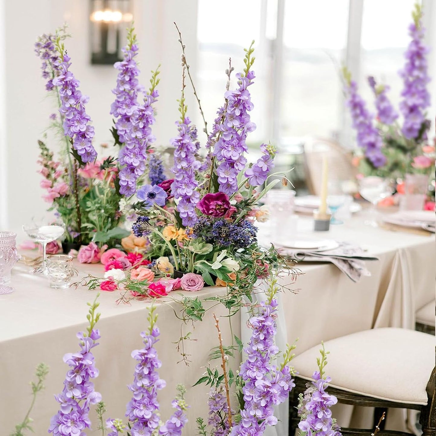 24Pcs White Delphinium Artificial Flowers Bulk 33.5" Long Stem Silk Delphinium for Tall Vase Look Real Wedding Event Larkspur Flowers for Table Centerpieces Home Garden Outdoor Decor