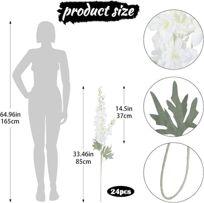 24Pcs White Delphinium Artificial Flowers Bulk 33.5" Long Stem Silk Delphinium for Tall Vase Look Real Wedding Event Larkspur Flowers for Table Centerpieces Home Garden Outdoor Decor
