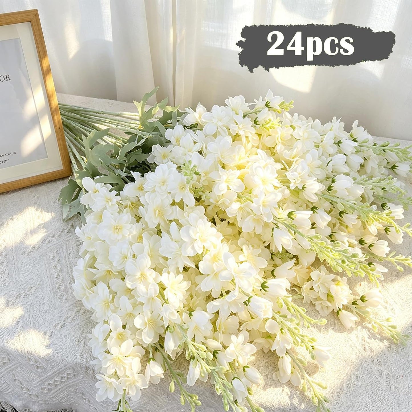 24Pcs White Delphinium Artificial Flowers Bulk 33.5" Long Stem Silk Delphinium for Tall Vase Look Real Wedding Event Larkspur Flowers for Table Centerpieces Home Garden Outdoor Decor