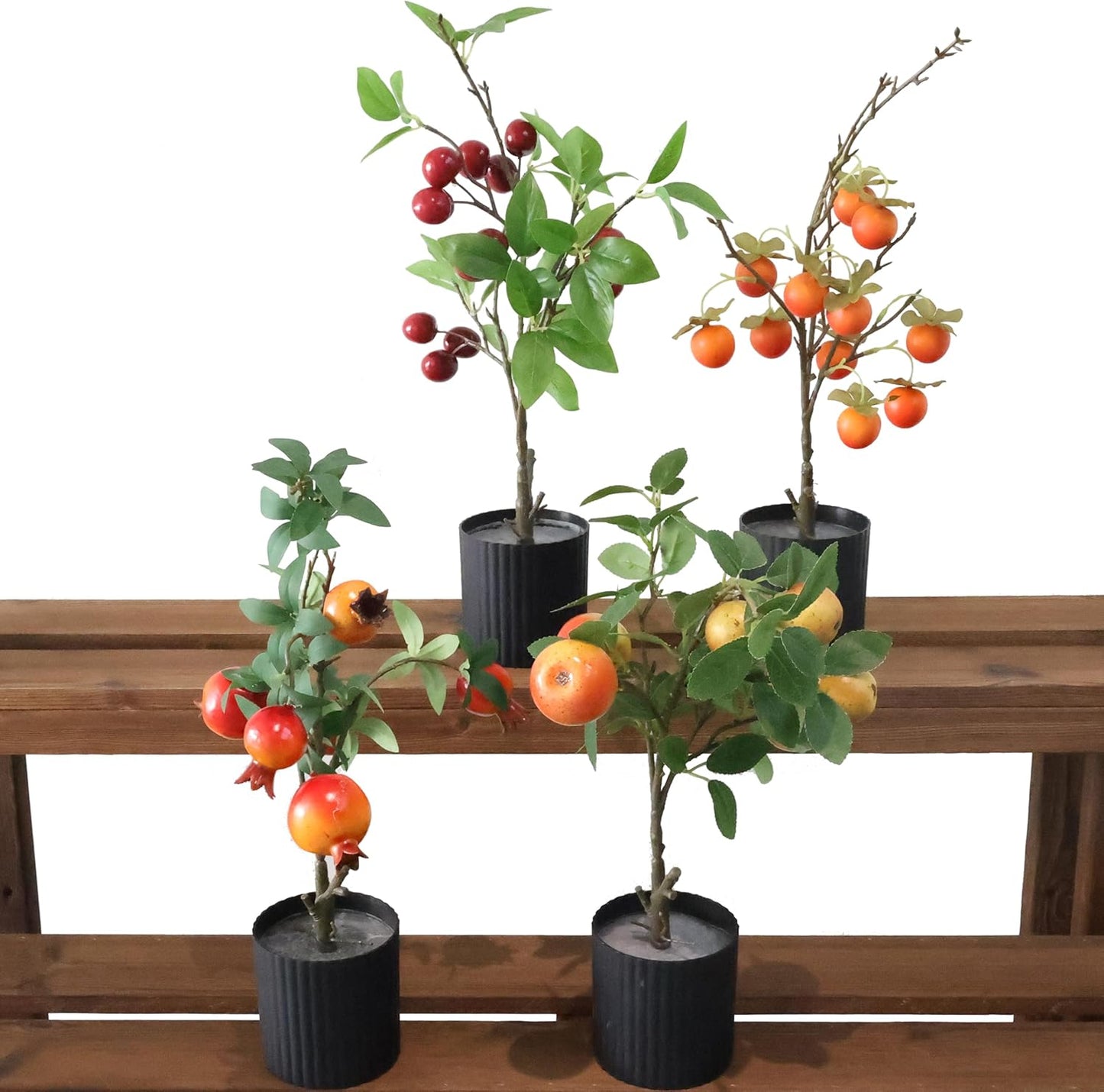 4 PCS Artificial Pomegranate Cherry Plant, Realistic Fruit Tree Branch with Black Pot, 19 Inch Height, 4 Inch Base, Home Decor (4)