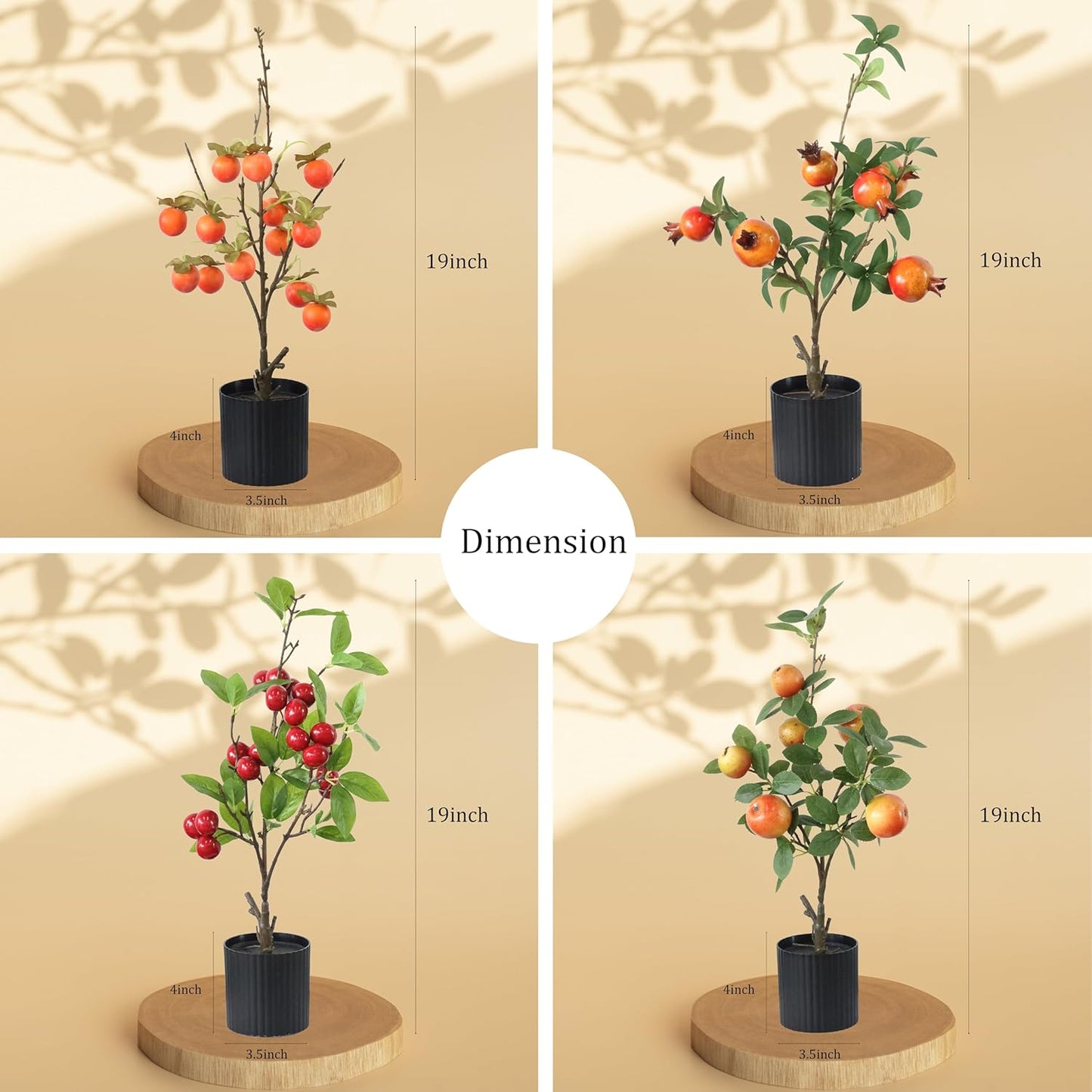 4 PCS Artificial Pomegranate Cherry Plant, Realistic Fruit Tree Branch with Black Pot, 19 Inch Height, 4 Inch Base, Home Decor (4)