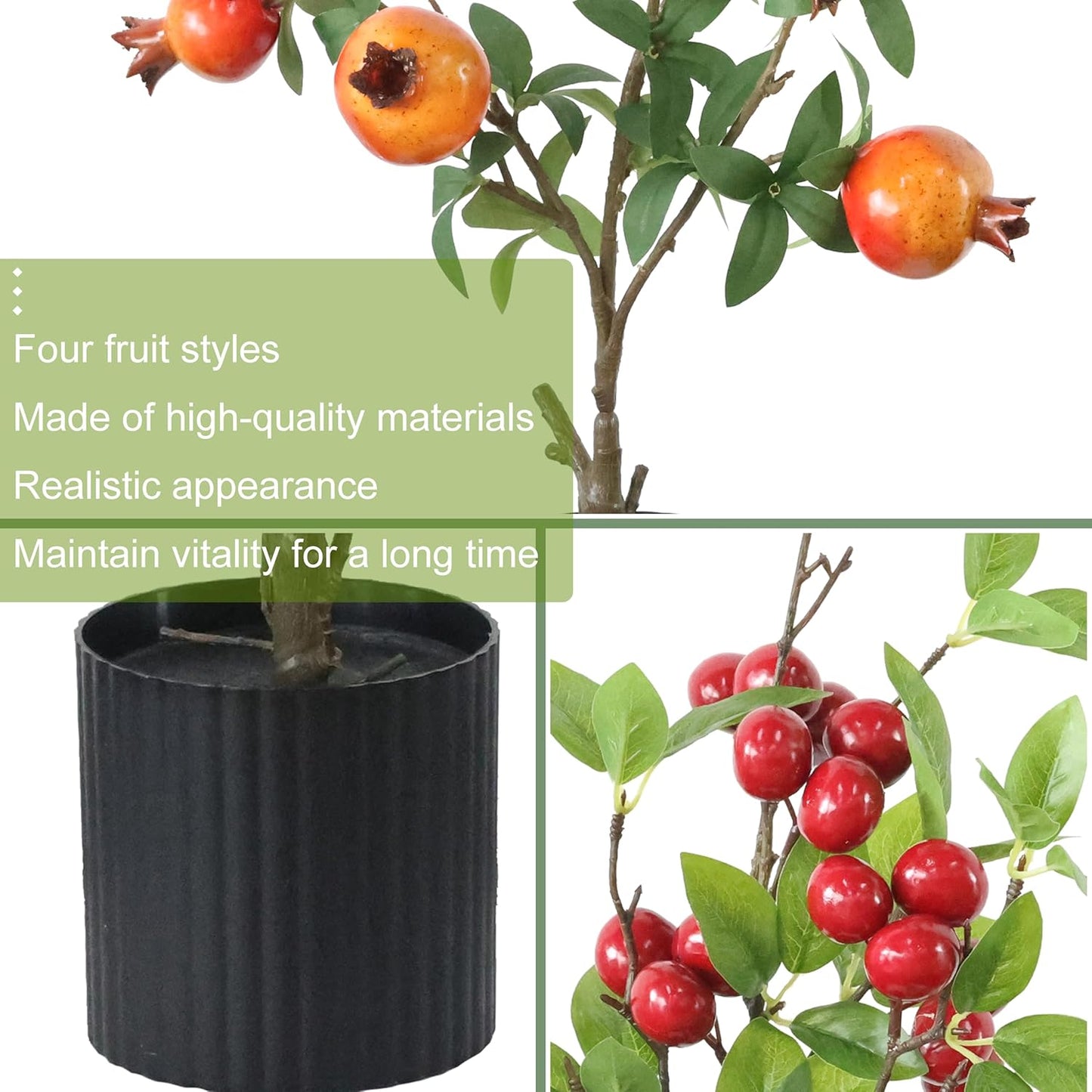 4 PCS Artificial Pomegranate Cherry Plant, Realistic Fruit Tree Branch with Black Pot, 19 Inch Height, 4 Inch Base, Home Decor (4)
