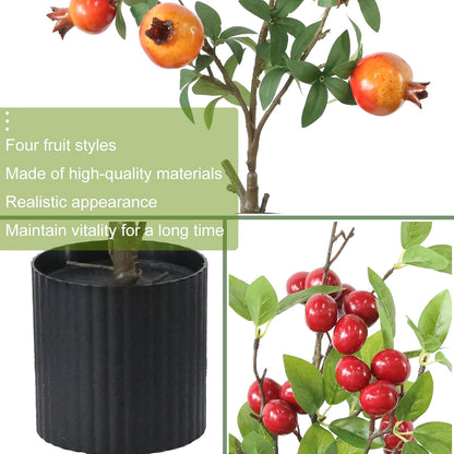 4 PCS Artificial Pomegranate Cherry Plant, Realistic Fruit Tree Branch with Black Pot, 19 Inch Height, 4 Inch Base, Home Decor (4)