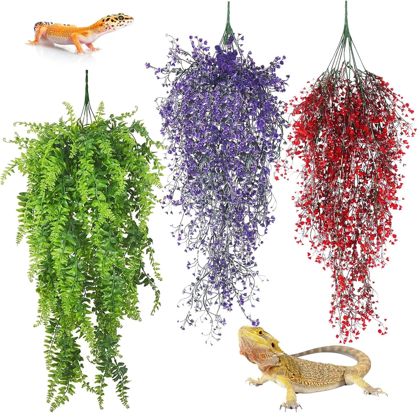 Reptile Plants Hanging Fake Vines Boston Climbing Terrarium Plant with Suction Cup for Bearded Dragons Lizards Geckos Snake Pets Hermit Crab and Tank Habitat Decorations (3 Pack)