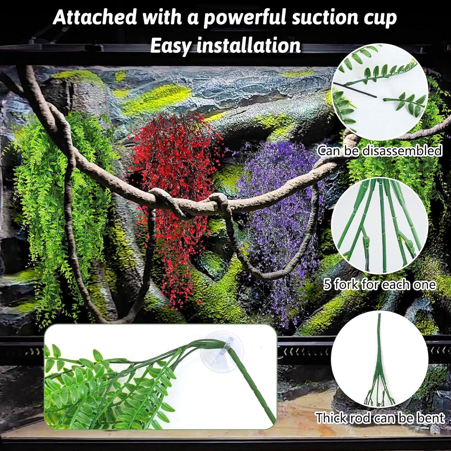 Reptile Plants Hanging Fake Vines Boston Climbing Terrarium Plant with Suction Cup for Bearded Dragons Lizards Geckos Snake Pets Hermit Crab and Tank Habitat Decorations (3 Pack)