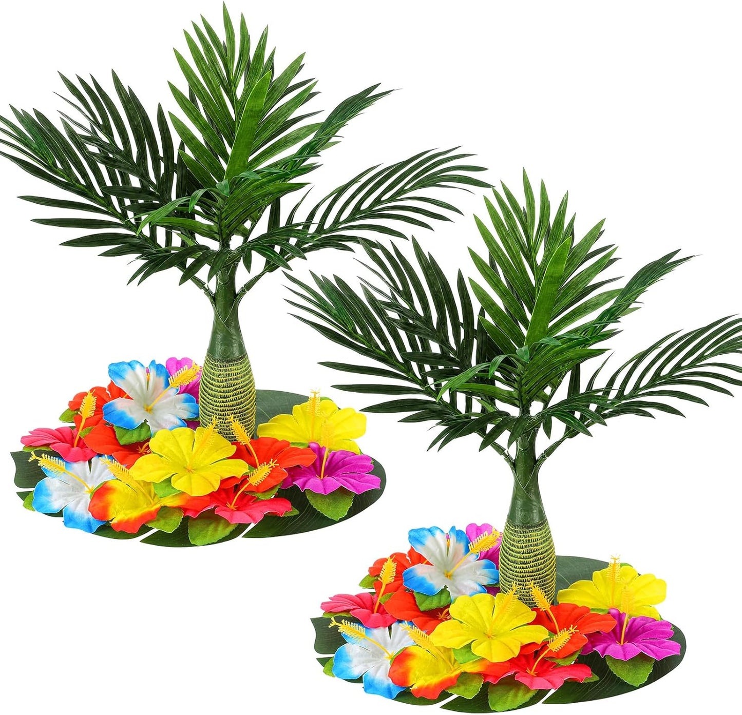 62 Pcs Hawaiian Party Flower Centerpieces for Table with Artificial Palm Tree Fake Hibiscus Flowers Palm Leaves Tropical Flowers Decorations for Summer Luau Theme Decor
