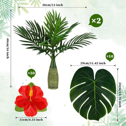 62 Pcs Hawaiian Party Flower Centerpieces for Table with Artificial Palm Tree Fake Hibiscus Flowers Palm Leaves Tropical Flowers Decorations for Summer Luau Theme Decor