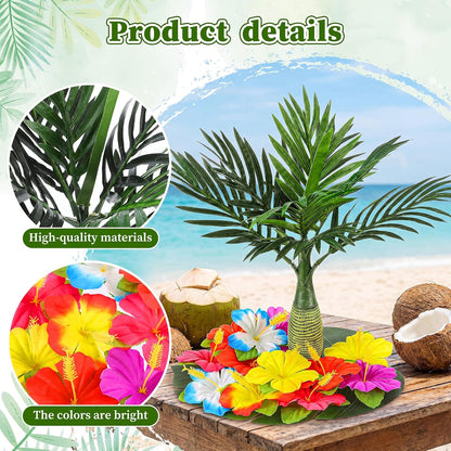 62 Pcs Hawaiian Party Flower Centerpieces for Table with Artificial Palm Tree Fake Hibiscus Flowers Palm Leaves Tropical Flowers Decorations for Summer Luau Theme Decor