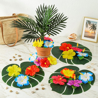 62 Pcs Hawaiian Party Flower Centerpieces for Table with Artificial Palm Tree Fake Hibiscus Flowers Palm Leaves Tropical Flowers Decorations for Summer Luau Theme Decor