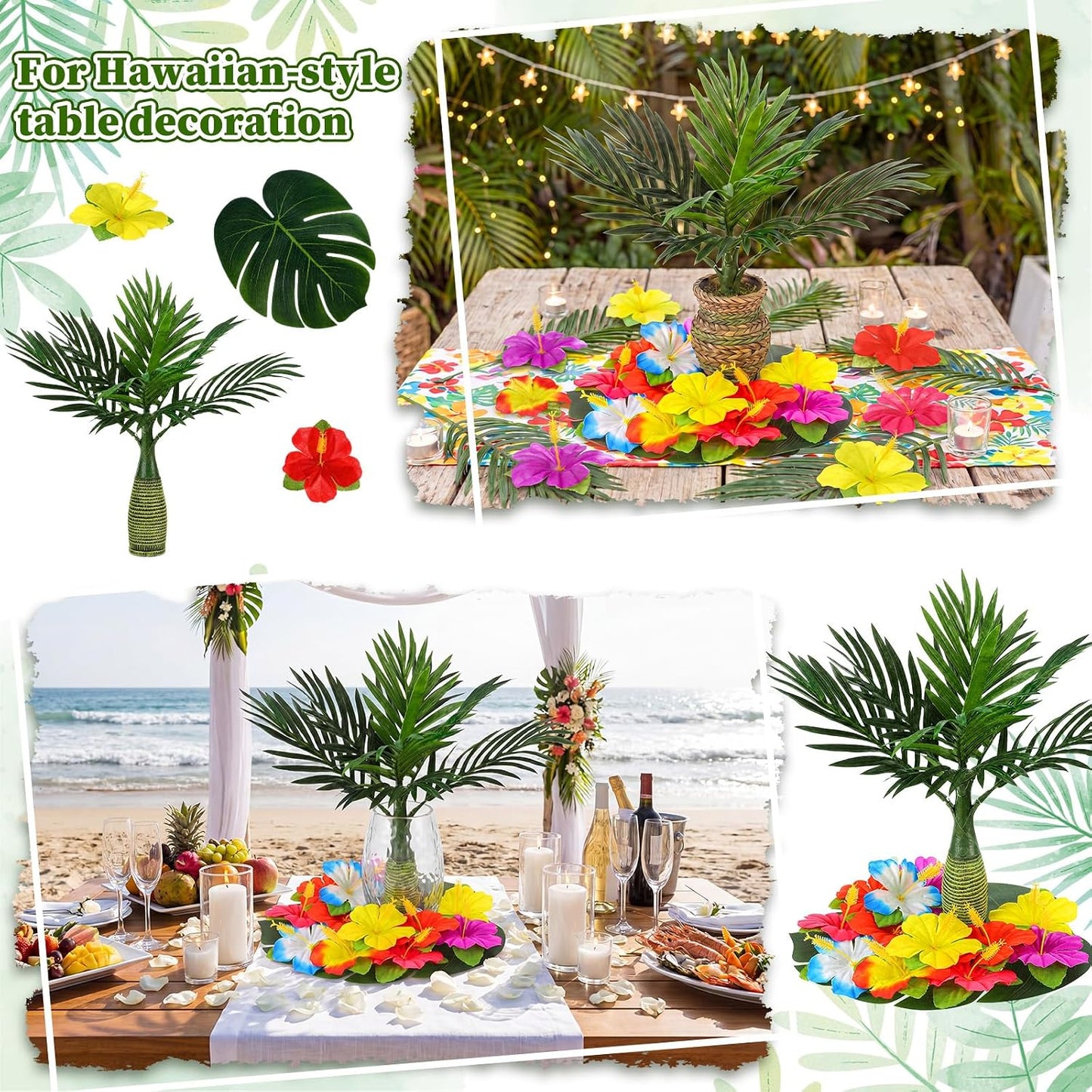 62 Pcs Hawaiian Party Flower Centerpieces for Table with Artificial Palm Tree Fake Hibiscus Flowers Palm Leaves Tropical Flowers Decorations for Summer Luau Theme Decor