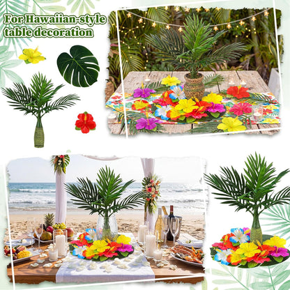 62 Pcs Hawaiian Party Flower Centerpieces for Table with Artificial Palm Tree Fake Hibiscus Flowers Palm Leaves Tropical Flowers Decorations for Summer Luau Theme Decor