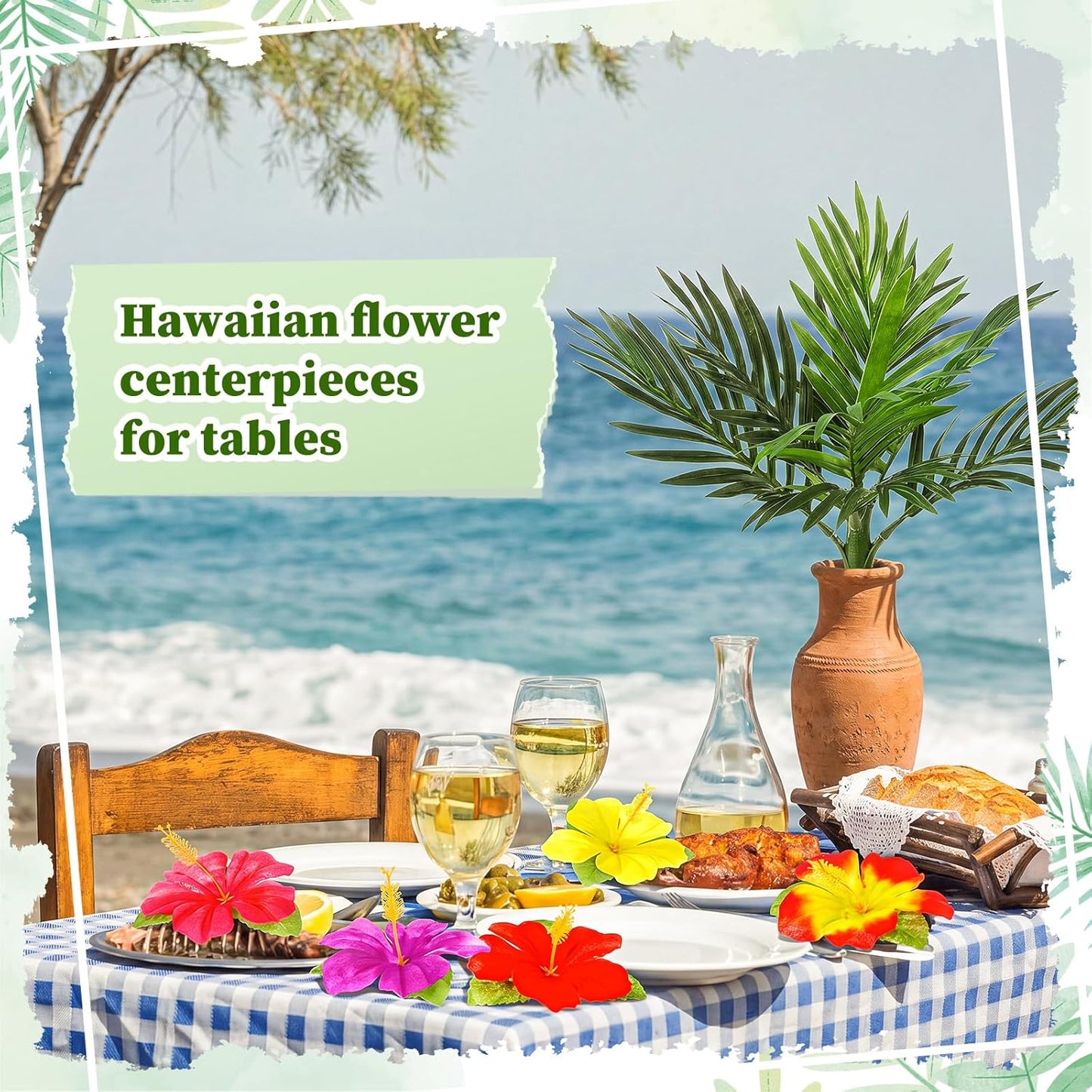 62 Pcs Hawaiian Party Flower Centerpieces for Table with Artificial Palm Tree Fake Hibiscus Flowers Palm Leaves Tropical Flowers Decorations for Summer Luau Theme Decor