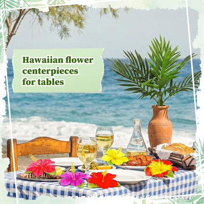 62 Pcs Hawaiian Party Flower Centerpieces for Table with Artificial Palm Tree Fake Hibiscus Flowers Palm Leaves Tropical Flowers Decorations for Summer Luau Theme Decor