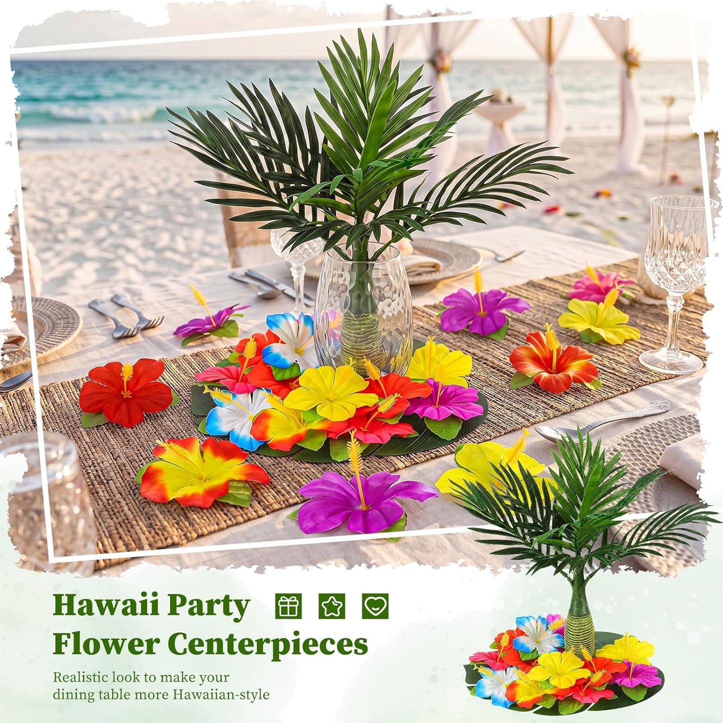62 Pcs Hawaiian Party Flower Centerpieces for Table with Artificial Palm Tree Fake Hibiscus Flowers Palm Leaves Tropical Flowers Decorations for Summer Luau Theme Decor