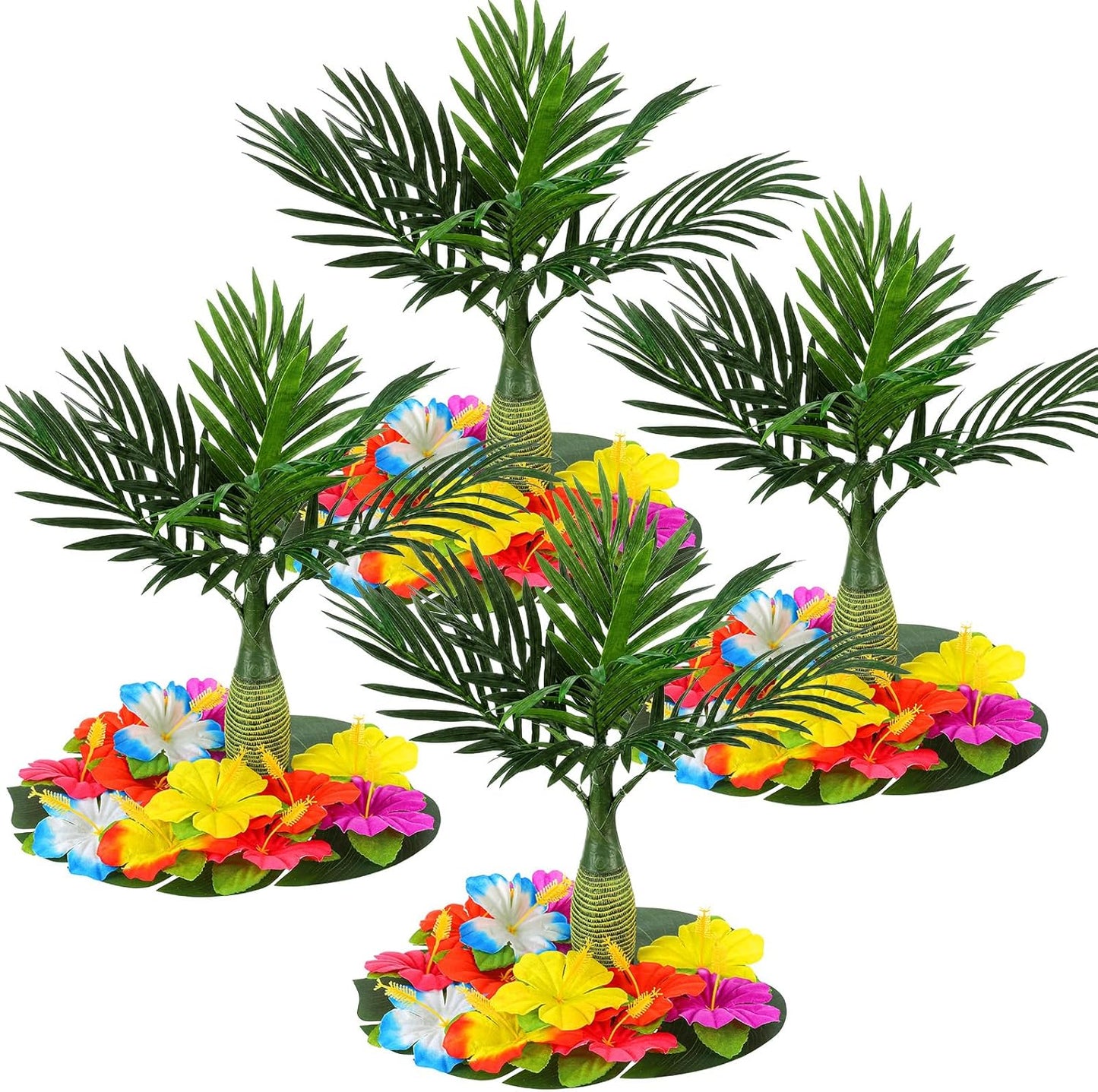 62 Pcs Hawaiian Party Flower Centerpieces for Table with Artificial Palm Tree Fake Hibiscus Flowers Palm Leaves Tropical Flowers Decorations for Summer Luau Theme Decor