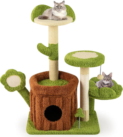 Forest-Themed Multi-Level Cute Cat Tree, 40 Inches Tall with Sisal Scratching Posts, Condo, Dangling Ball, and Spring Toy, Ideal for Indoor Small & Medium Cats (21.5 x 16 x 40 inches)