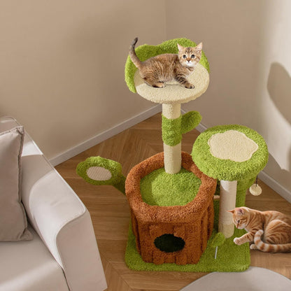 Forest-Themed Multi-Level Cute Cat Tree, 40 Inches Tall with Sisal Scratching Posts, Condo, Dangling Ball, and Spring Toy, Ideal for Indoor Small & Medium Cats (21.5 x 16 x 40 inches)