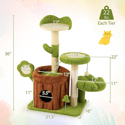 Forest-Themed Multi-Level Cute Cat Tree, 40 Inches Tall with Sisal Scratching Posts, Condo, Dangling Ball, and Spring Toy, Ideal for Indoor Small & Medium Cats (21.5 x 16 x 40 inches)