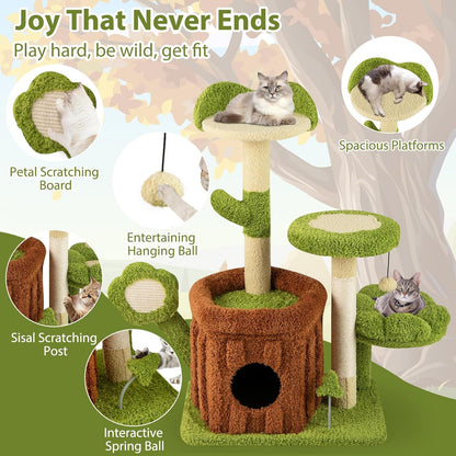 Forest-Themed Multi-Level Cute Cat Tree, 40 Inches Tall with Sisal Scratching Posts, Condo, Dangling Ball, and Spring Toy, Ideal for Indoor Small & Medium Cats (21.5 x 16 x 40 inches)