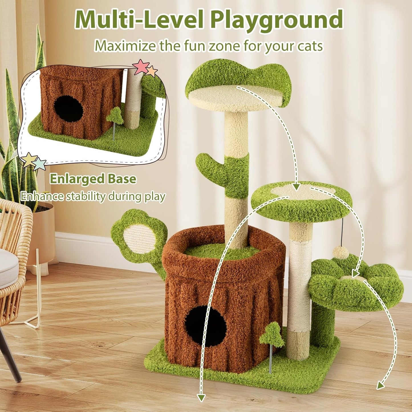 Forest-Themed Multi-Level Cute Cat Tree, 40 Inches Tall with Sisal Scratching Posts, Condo, Dangling Ball, and Spring Toy, Ideal for Indoor Small & Medium Cats (21.5 x 16 x 40 inches)