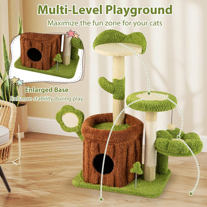 Forest-Themed Multi-Level Cute Cat Tree, 40 Inches Tall with Sisal Scratching Posts, Condo, Dangling Ball, and Spring Toy, Ideal for Indoor Small & Medium Cats (21.5 x 16 x 40 inches)