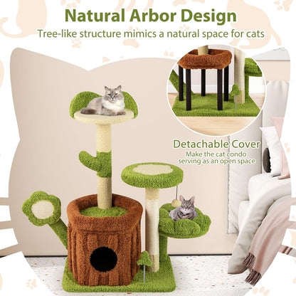 Forest-Themed Multi-Level Cute Cat Tree, 40 Inches Tall with Sisal Scratching Posts, Condo, Dangling Ball, and Spring Toy, Ideal for Indoor Small & Medium Cats (21.5 x 16 x 40 inches)