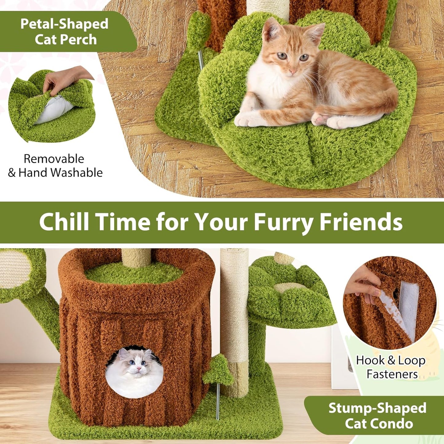 Forest-Themed Multi-Level Cute Cat Tree, 40 Inches Tall with Sisal Scratching Posts, Condo, Dangling Ball, and Spring Toy, Ideal for Indoor Small & Medium Cats (21.5 x 16 x 40 inches)