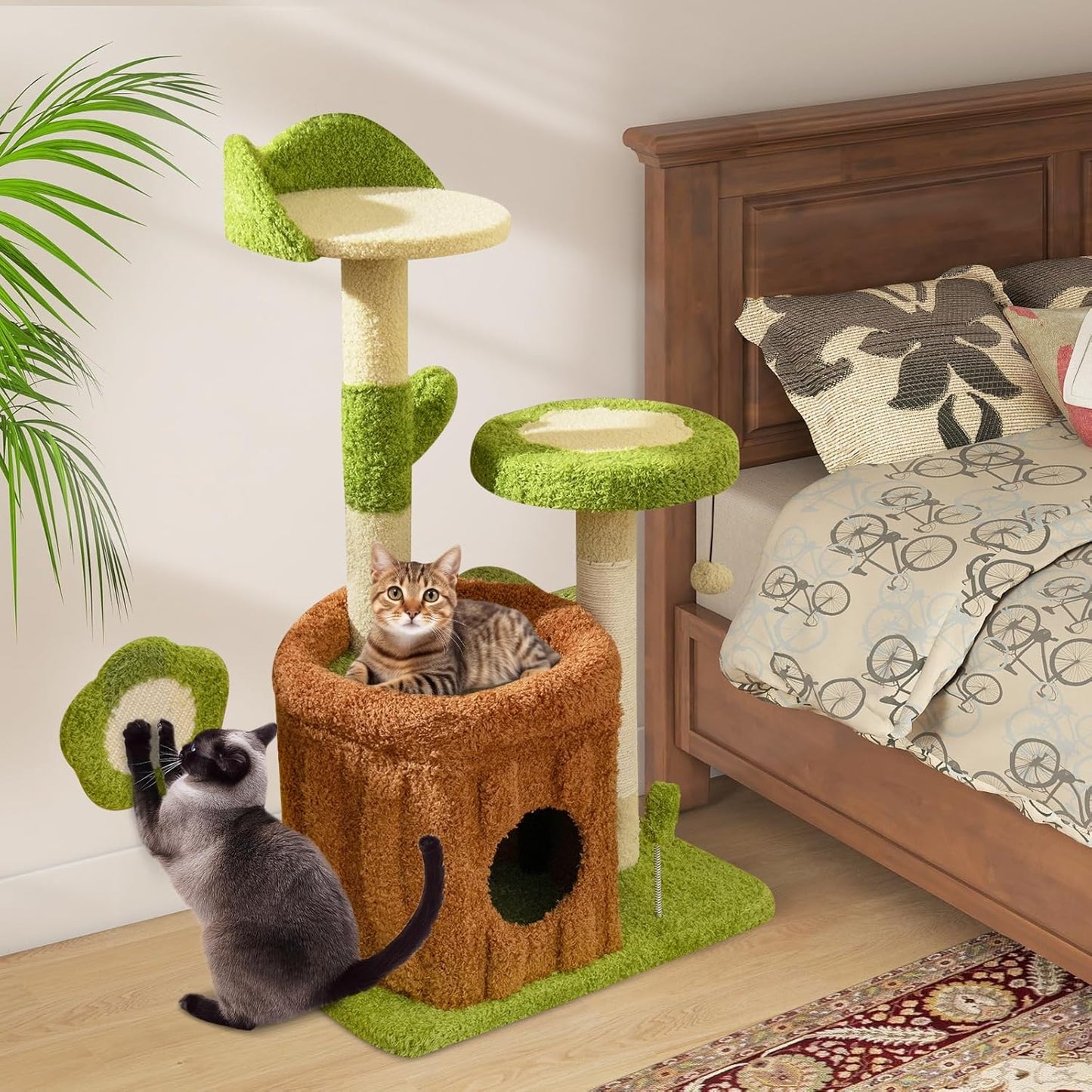 Forest-Themed Multi-Level Cute Cat Tree, 40 Inches Tall with Sisal Scratching Posts, Condo, Dangling Ball, and Spring Toy, Ideal for Indoor Small & Medium Cats (21.5 x 16 x 40 inches)