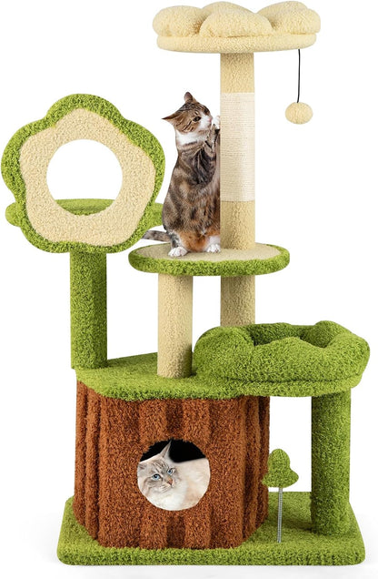 Forest-Themed Multi-Level Cute Cat Tree, 40 Inches Tall with Sisal Scratching Posts, Condo, Dangling Ball, and Spring Toy, Ideal for Indoor Small & Medium Cats (21.5 x 16 x 40 inches)