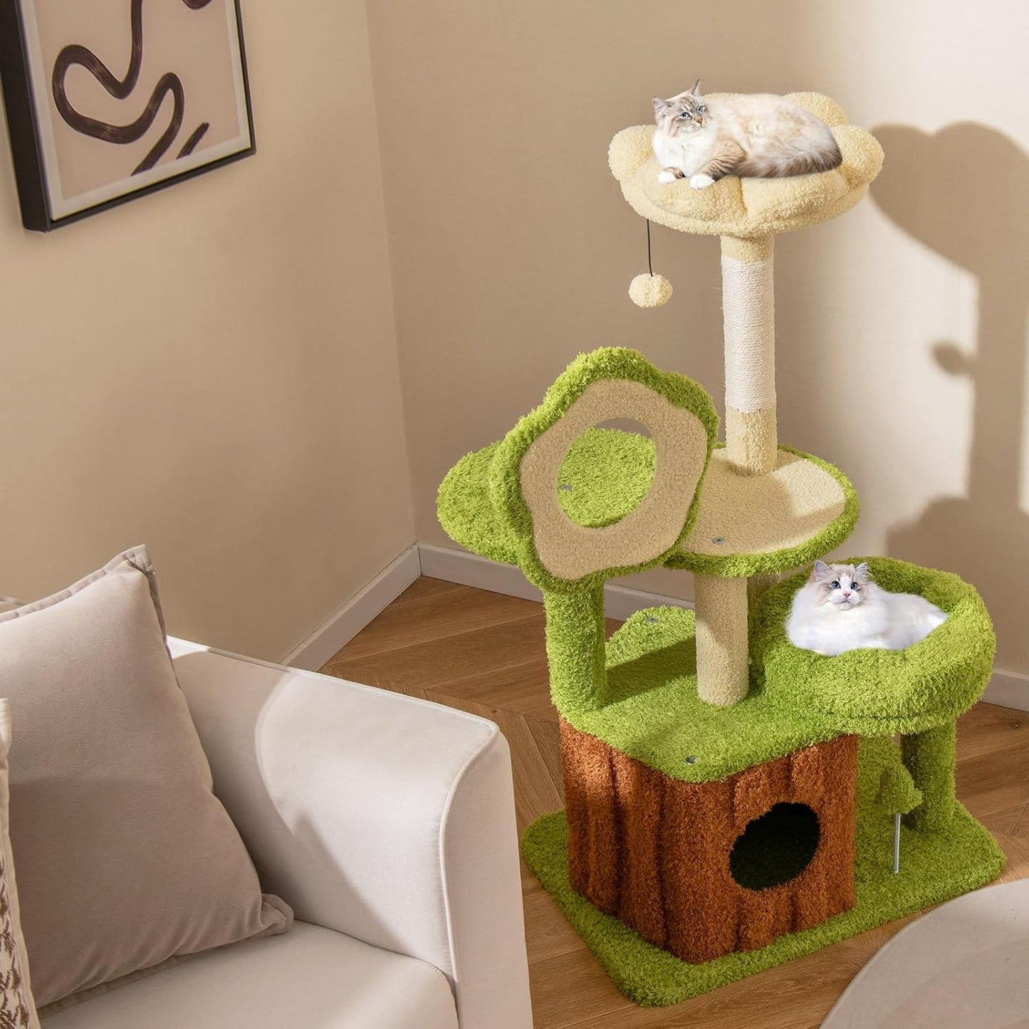 Forest-Themed Multi-Level Cute Cat Tree, 40 Inches Tall with Sisal Scratching Posts, Condo, Dangling Ball, and Spring Toy, Ideal for Indoor Small & Medium Cats (21.5 x 16 x 40 inches)