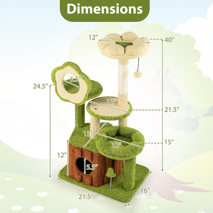 Forest-Themed Multi-Level Cute Cat Tree, 40 Inches Tall with Sisal Scratching Posts, Condo, Dangling Ball, and Spring Toy, Ideal for Indoor Small & Medium Cats (21.5 x 16 x 40 inches)