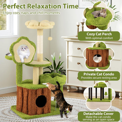 Forest-Themed Multi-Level Cute Cat Tree, 40 Inches Tall with Sisal Scratching Posts, Condo, Dangling Ball, and Spring Toy, Ideal for Indoor Small & Medium Cats (21.5 x 16 x 40 inches)