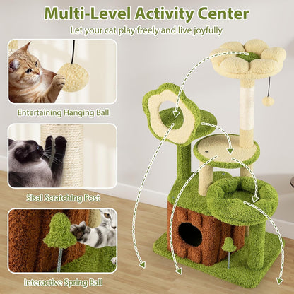 Forest-Themed Multi-Level Cute Cat Tree, 40 Inches Tall with Sisal Scratching Posts, Condo, Dangling Ball, and Spring Toy, Ideal for Indoor Small & Medium Cats (21.5 x 16 x 40 inches)