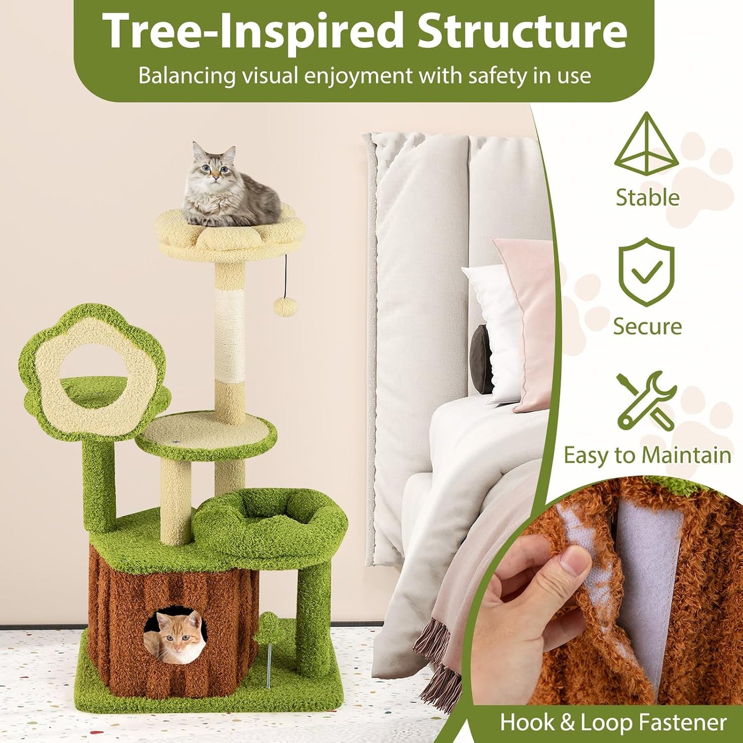 Forest-Themed Multi-Level Cute Cat Tree, 40 Inches Tall with Sisal Scratching Posts, Condo, Dangling Ball, and Spring Toy, Ideal for Indoor Small & Medium Cats (21.5 x 16 x 40 inches)