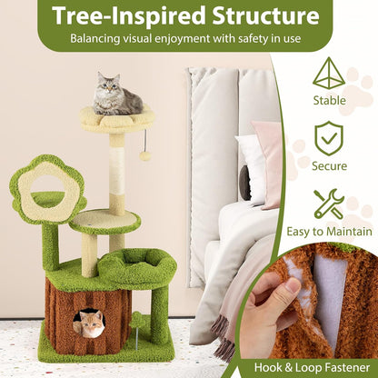 Forest-Themed Multi-Level Cute Cat Tree, 40 Inches Tall with Sisal Scratching Posts, Condo, Dangling Ball, and Spring Toy, Ideal for Indoor Small & Medium Cats (21.5 x 16 x 40 inches)