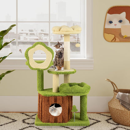 Forest-Themed Multi-Level Cute Cat Tree, 40 Inches Tall with Sisal Scratching Posts, Condo, Dangling Ball, and Spring Toy, Ideal for Indoor Small & Medium Cats (21.5 x 16 x 40 inches)