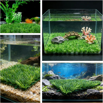 Aquarium Decor Artificial Plastic Lawn Grass ,4PCS 9 inches Fish Tank Decorations , Easy Install Green Plants for Aquariums,Breeding Grass and Hermit Crab Climbing Habitats with 16 Suction Cups