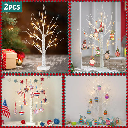Christmas Tree Decorations, White Birch Tree with LED Lights- Set of 4, Warm White Small Tree Lights Battery Powered/USB, Timer Lighted Tree for Home Wedding Indoor Outdoor Decor (2 FT)