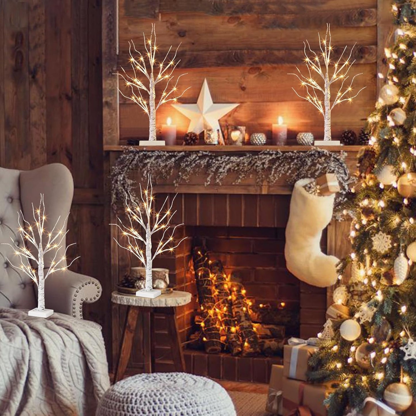 Christmas Tree Decorations, White Birch Tree with LED Lights- Set of 4, Warm White Small Tree Lights Battery Powered/USB, Timer Lighted Tree for Home Wedding Indoor Outdoor Decor (2 FT)