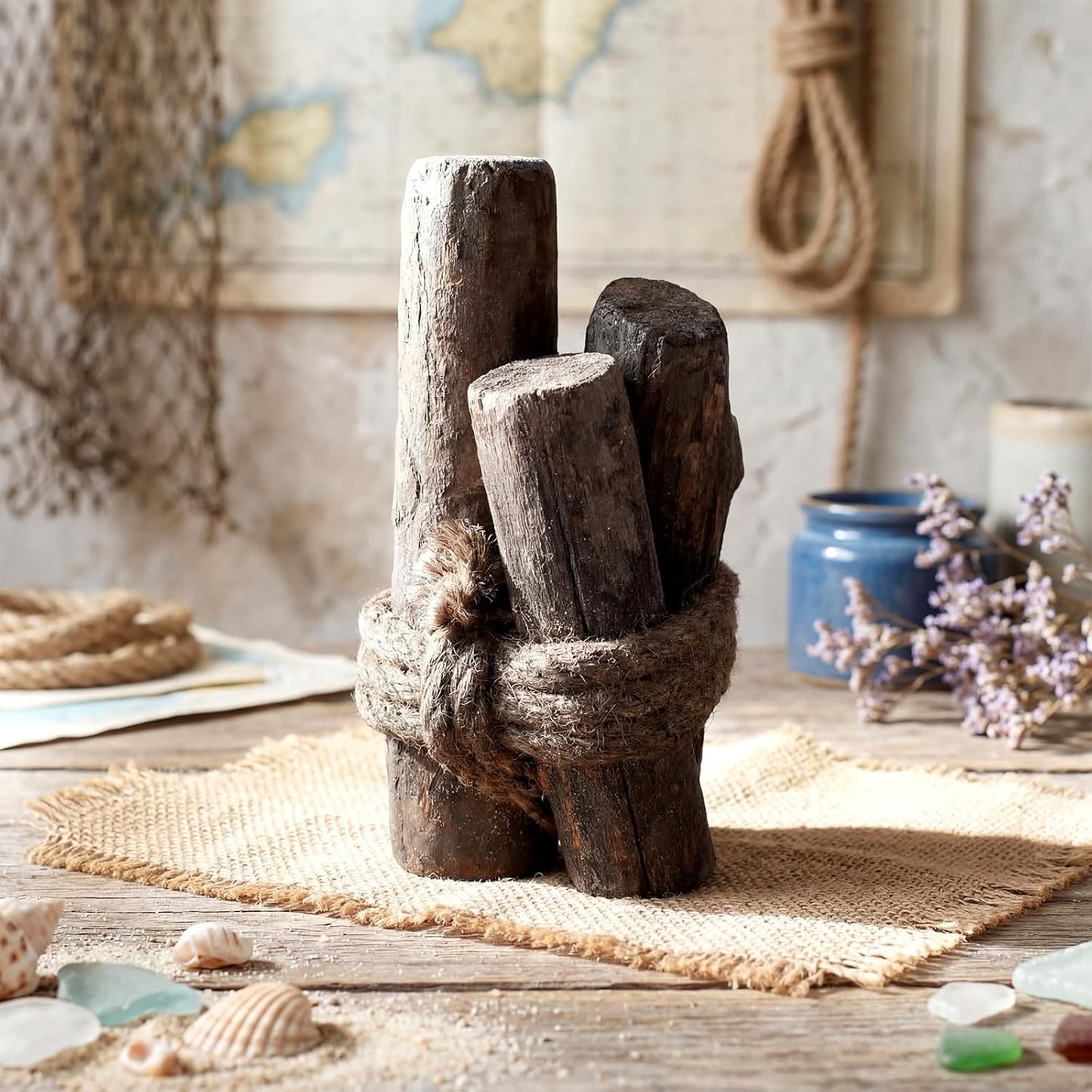 Brown 3 Pcs Driftwood Decor Rustic Table Sign Beach Driftwood Piling Farmhouse Coastal Nautical Centerpieces Tables Coastal Decor for Fish Tanks Summer Christmas Kitchen Dining Decoration