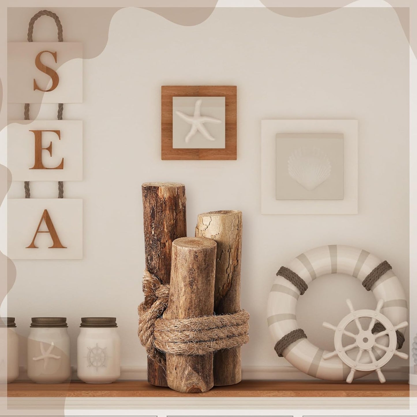 Brown 3 Pcs Driftwood Decor Rustic Table Sign Beach Driftwood Piling Farmhouse Coastal Nautical Centerpieces Tables Coastal Decor for Fish Tanks Summer Christmas Kitchen Dining Decoration